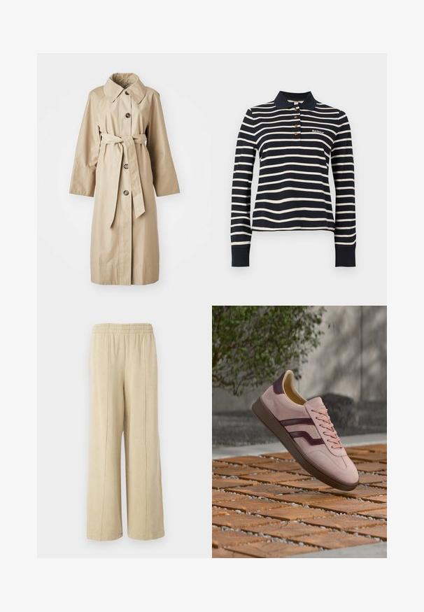 Bež trench coat sile siledest kangast, millel on lai krae, neli pruuni nuppu, vöö taljes ja pikad, laiad varrukad.; Mustvalgete horisontaalselt triibulise pika varrukaga polosärk, must krae, neli pruuni nööpi ja "Barbour" logo rinnal.; Bežid laiad püksid elastse vöökoha ja nähtavate külgõmblustega. Valmistatud pehmest kangast, millel on sile tekstuur.; Roosa seemisnahast toss tumepunaste triipude ja pruuni tallaga, hõljumas puidust ja kivist välispinnal, taustal udune rohelus.
