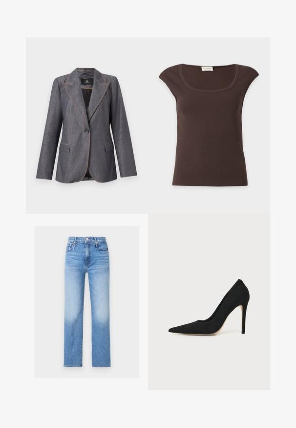 Blazer gris à un bouton avec revers à encoche, deux poches avant à rabat et surpiqûres orange contrastantes, présenté sur un fond neutre.; Top côtelé marron foncé à manches courtes et encolure arrondie avec une petite étiquette en tissu au niveau du col sur fond blanc.; Jean en denim bleu taille haute, coupe droite, avec poches avant, passants pour ceinture, bouton, et détails délavés sur les cuisses et les genoux.; Escarpin stiletto noir à talon haut avec bout pointu et texture lisse, présenté de profil sur un fond clair uni.