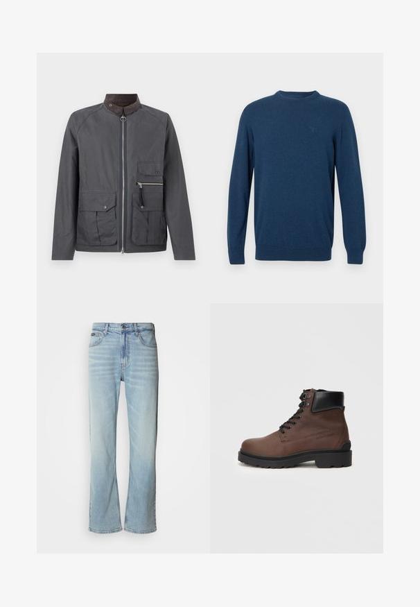 Veste pour homme de couleur gris foncé avec fermeture éclair à l'avant, col en velours côtelé marron et plusieurs poches à l'avant, dont une avec fermeture éclair sur le côté droit.; Pull bleu avec manches longues, col rond, poignets et ourlet côtelés, fabriqué en tissu doux, avec un petit logo sur la poitrine gauche.; Jeans en denim bleu clair avec une coupe droite, dotés de cinq poches, d'une fermeture à bouton et d'une légère décoloration sur le tissu.; Botte de cheville en cuir marron avec une surface texturée, accents noirs, bout rond et semelle robuste, comportant six œillets pour les lacets.
