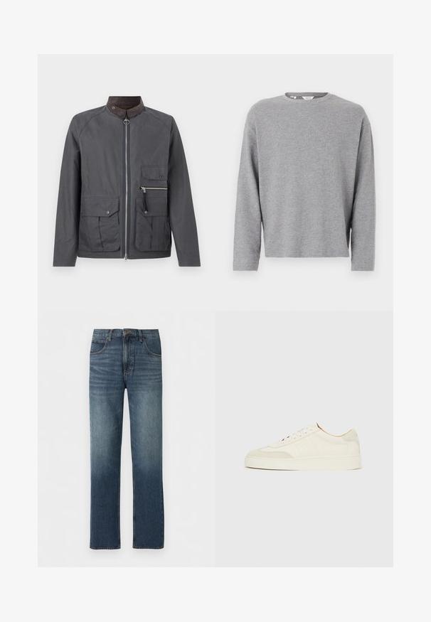 Veste pour homme de couleur gris foncé avec fermeture éclair à l'avant, col en velours côtelé marron et plusieurs poches à l'avant, dont une avec fermeture éclair sur le côté droit.; Sweat-shirt à manches longues gris clair avec col rond, à texture tricotée simple et unie, présenté sur un fond blanc.; Jean en denim bleu à jambes droites avec un effet délavé, fermeture avant par boutons, cinq poches et passants pour ceinture, posé à plat sur un fond blanc.; Baskets en daim blanc à finition lisse, embout rond, design lacé plat, avec des accents texturés contrastants. Comprend un détail de logo subtil.