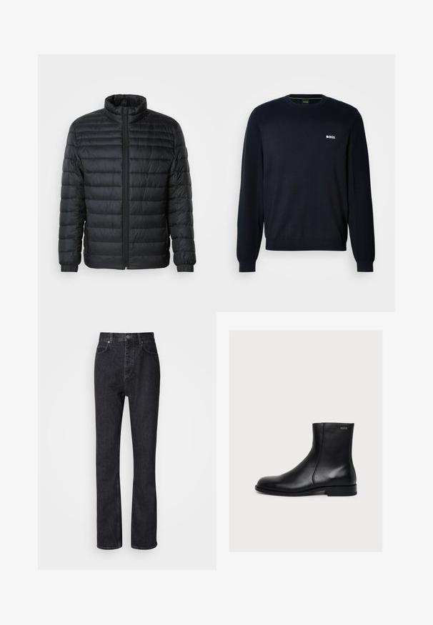Schwarze gesteppte Pufferjacke mit Stehkragen, durchgehendem Reißverschluss und elastischen Manschetten an langen Ärmeln vor einem schlichten Hintergrund.; Dunkelblaues langärmeliges Crewneck-Sweatshirt mit gerippten Bündchen und Saum, ausgestattet mit einem kleinen weißen "BOSS"-Logo auf der linken Brust.; Hochtaillierte schwarze Jeans aus Denim mit Knopf- und Reißverschluss, Vorder- und Hintertaschen sowie einer geraden Passform.; Schwarzer, glatter Lederknöchelstiefel mit niedrigem Absatz und seitlichem Reißverschluss, mit Hugo nahe dem oberen Rand beschriftet.
