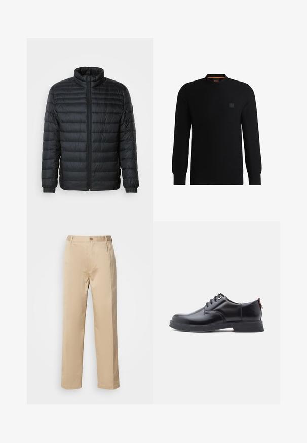 Musternahk puffer jakk mustas, kõrgendatud krae, täispikk tõmblukk ja elastsed mansetid pikkadel varrukatel, lihtsa tausta taustal.; Mustern mustriga mustriga high neckline, ribadega kuppudega ja hemiga. Omab väikest logo plaastrit rinnal ja oranži detaili kaeluses.; Beige püksid, mis on valmistatud kerge materjali, sirge jala disaini, vöökoha, kus on vööaasad, ning ühe esise nupu kinnitusega.; Mustad nahast paeltega kingad, millel on sile tekstuur, ümar nina ja peen õmblusdetail. Kandjal on punane tõmblint kandlas.