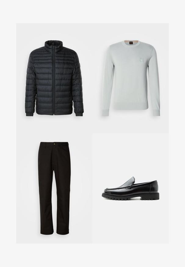 Schwarze gesteppte Pufferjacke mit Stehkragen, durchgehendem Reißverschluss und elastischen Manschetten an langen Ärmeln vor einem schlichten Hintergrund.; Hellgrau gestrickter Pullover mit langen Ärmeln, gerippten Bündchen und Saum, ausgestattet mit einem kleinen blauen Logo-Patch auf der Brust. Weiche, glatte Textur.; Schwarze Baumwollhosen mit geradem Schnitt, Gürtelschlaufen, einem Reißverschluss vorne und einem einzelnen Knopfverschluss. Glatte Textur ohne sichtbare Muster.; Schwarzer Lederloafer mit grober Gummisohle, genähter Oberseite und geprägtem Markennamen an der Ferse, seitlich auf weißem Hintergrund gezeigt.