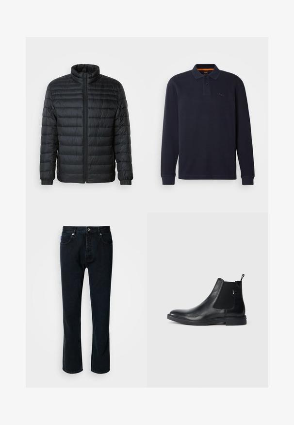 Schwarze gesteppte Pufferjacke mit Stehkragen, durchgehendem Reißverschluss und elastischen Manschetten an langen Ärmeln vor einem schlichten Hintergrund.; Marineblaue langärmelige Poloshirt aus strukturiertem Stoff mit einer Knopfleiste am Hals. Verfügt über ein kleines gesticktes Logo auf der Brust.; HUGO JONAH - Jeans Straight Leg - dark blue; Schwarze Leder Chelsea-Boots mit elastischen seitlichen Einsätzen, einer Zugschlaufe und einer flachen Gummisohle. Glatte Textur mit minimaler Ausgestaltung.