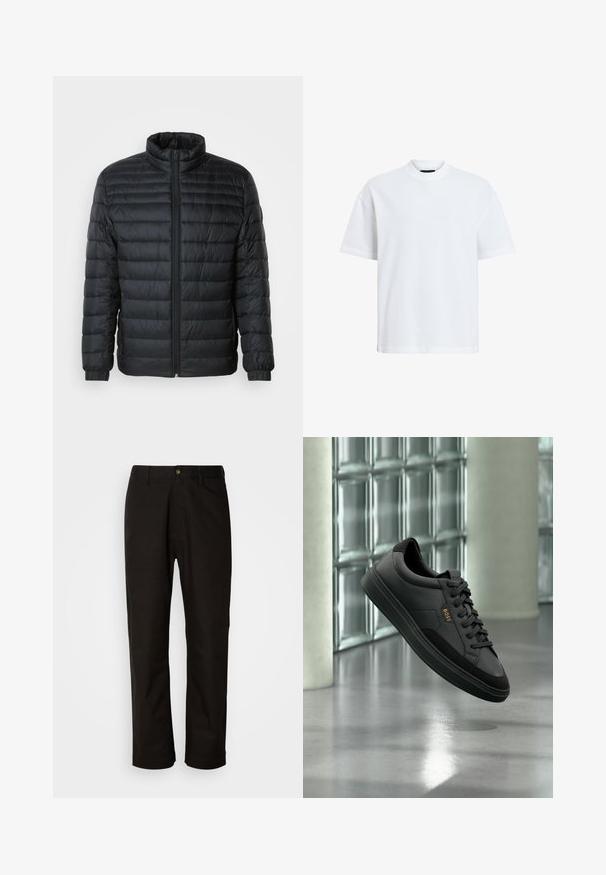 Schwarze gesteppte Pufferjacke mit Stehkragen, durchgehendem Reißverschluss und elastischen Manschetten an langen Ärmeln vor einem schlichten Hintergrund.; Weißes T-Shirt mit kurzen Ärmeln und Rundhalsausschnitt; aus glattem Material gefertigt; mit einem dezenten Logo auf der Vorderseite.; Schwarze Baumwollhosen mit geradem Schnitt, Gürtelschlaufen, einem Reißverschluss vorne und einem einzelnen Knopfverschluss. Glatte Textur ohne sichtbare Muster.; Schwarzer Leder-Sneaker im Low-Top-Stil mit schwarzen Schnürsenkeln und goldenem "BOSS"-Logo, in der Luft vor einer Glasbausteinwand und grauem Boden gezeigt.