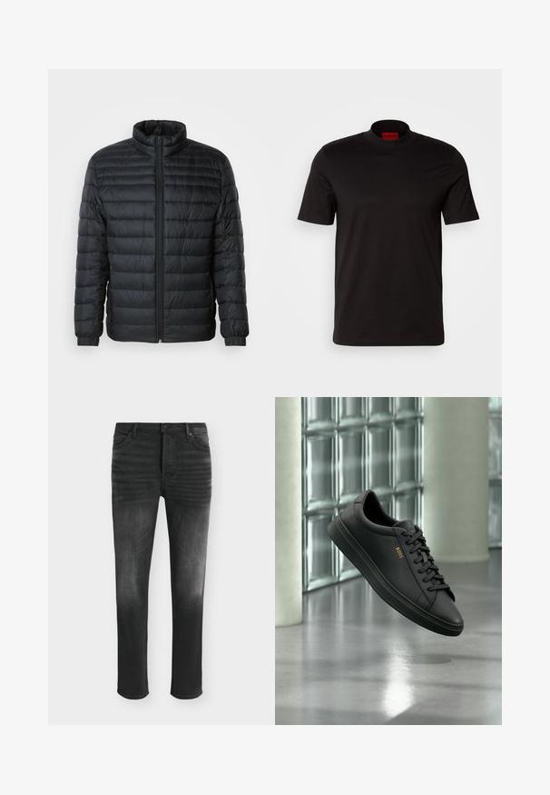 Schwarze gesteppte Pufferjacke mit Stehkragen, durchgehendem Reißverschluss und elastischen Manschetten an langen Ärmeln vor einem schlichten Hintergrund.; Schwarzes T-Shirt mit kurzen Ärmeln und hohem Kragen. Hergestellt aus glattem Stoff. Verfügt über ein rotes Markenlabel am inneren Kragen.; Schwarze Skinny-Jeans mit ausgebleichten Details, Fünf-Taschen-Stil und Knopfverschluss in der Taille.; Schwarzer flacher Ledersneaker mit schwarzen Schnürsenkeln und goldenem BOSS-Logo an der Seite, schwebend über einem glänzenden grauen Boden in einem modernen Innenraum.