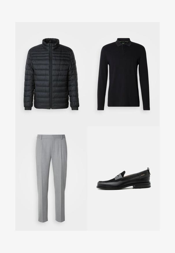 Schwarze gesteppte Pufferjacke mit Stehkragen, durchgehendem Reißverschluss und elastischen Manschetten an langen Ärmeln vor einem schlichten Hintergrund.; Schwarzes Langarm-Polohemd aus glattem Stoff. Verfügt über einen Kragen, eine Dreiknopfleiste und ein dezentes Logo auf der Brust.; Grau zugeschnittene Hosen mit glatter Textur, flachem Frontbereich, geraden Beinen und dezenten Falten für zusätzliche Details.; Schwarzer Lederloafer mit grauem Riemendetail, niedrigem Absatz und strukturierter Sohle, seitlich mit „HUGO“ in Gold gebrandmarkt.