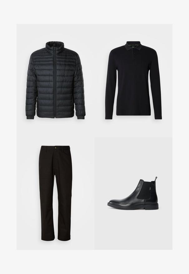 Schwarze gesteppte Pufferjacke mit Stehkragen, durchgehendem Reißverschluss und elastischen Manschetten an langen Ärmeln vor einem schlichten Hintergrund.; Schwarzes Langarm-Polohemd aus glattem Stoff. Verfügt über einen Kragen, eine Dreiknopfleiste und ein dezentes Logo auf der Brust.; Schwarze Baumwollhosen mit geradem Schnitt, Gürtelschlaufen, einem Reißverschluss vorne und einem einzelnen Knopfverschluss. Glatte Textur ohne sichtbare Muster.; Schwarze Leder Chelsea-Boots mit elastischen seitlichen Einsätzen, einer Zugschlaufe und einer flachen Gummisohle. Glatte Textur mit minimaler Ausgestaltung.