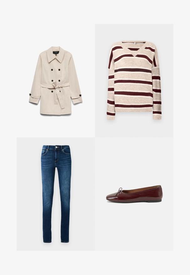 Beige dobbeltradet trenchcoat med sorte knapper, et bundet taljebælte, bred krave og knaplukninger ved ærmerne.; V-hals sweater i beige med mørkerøde og cremefarvede striber. Har lange ærmer og ribkant. Blød tekstur og afslappet pasform.; Mørk vaskede denimjeans med en slim fit, fem lommers design og knaplukning. Har subtile falmninger og kontrastsying.; Bordeaux patentlæder balletflad med rund tå, lille sløjfeaccent foran og en lav, sort gummisål. Glat tekstur.