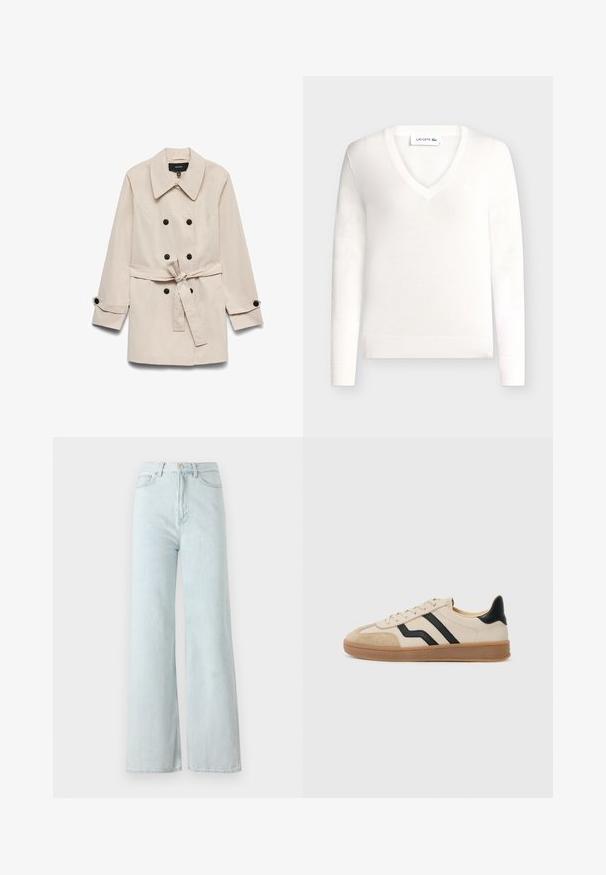Imperméable beige croisé à double boutonnage avec des boutons noirs, une ceinture nouée à la taille, un large col et des poignets boutonnés.; Pull blanc à manches longues avec col en V, poignets et bas côteletés, avec un petit logo Lacoste sur la poitrine.; Jeans larges bleu clair à taille haute, en tissu denim. Présente une fermeture à bouton et éclair avec des poches avant.; Baskets beiges avec des rayures noires, bouts et talons en daim, semelle en caoutchouc texturée et lacets plats. Design minimaliste et couleurs neutres.