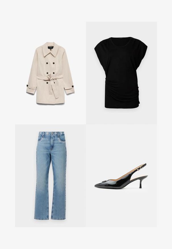Gabardina beige de doble botonadura con botones negros, cinturón atado a la cintura, cuello ancho y puños con botones.; Camiseta negra de manga corta con escote redondo. Confeccionada en tejido suave y elástico, con fruncidos laterales para un ajuste ceñido. Textura lisa y forma relajada.; Good American GOOD ICON STUDDED - Vaqueros rectos - indigo; Tacón slingback de charol negro con puntera puntiaguda, tacón pequeño tipo kitten y correa con hebilla plateada sobre un fondo blanco liso.