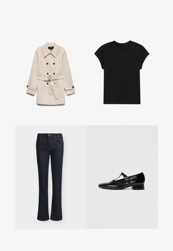 Beige dobbeltradet trenchcoat med sorte knapper, et bundet taljebælte, bred krave og knaplukninger ved ærmerne.; Sort bomulds T-shirt med rund halsudskæring, korte ærmer og en afslappet pasform. Glat tekstur uden synlige mønstre eller udsmykninger.; Mørkeblå denimjeans med lette vide ben, frontknap og lynlåslukning, forlommer og synlige syningsdetaljer.; Sorte Mary Jane-sko i læder med spids tå, lille blokhæl og justerbar rem med sølvspænde. Glat, blank tekstur.