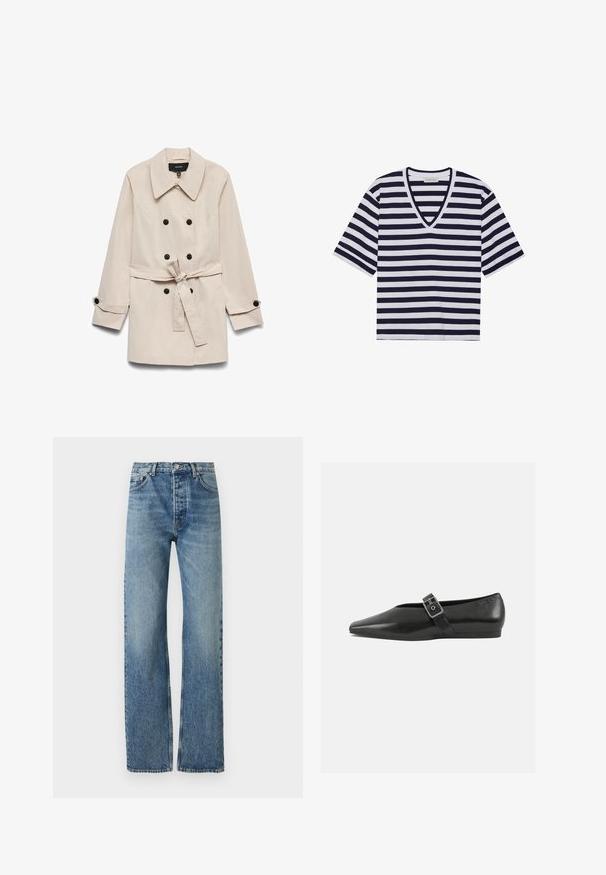 Beige dobbeltradet trenchcoat med sorte knapper, et bundet taljebælte, bred krave og knaplukninger ved ærmerne.; Stribet T-shirt i navy blå og hvid, med V-udskæring, korte ærmer og blødt bommateriale.; Lyseblå, høj talje jeans med lige ben, lavet af denimstof. Har klassisk fem-lomme design og sølv hardware.; Sorte læder flade sko med spidse tæer, prydet med en metallisk spænde over vristen og en lav, fleksibel sål.