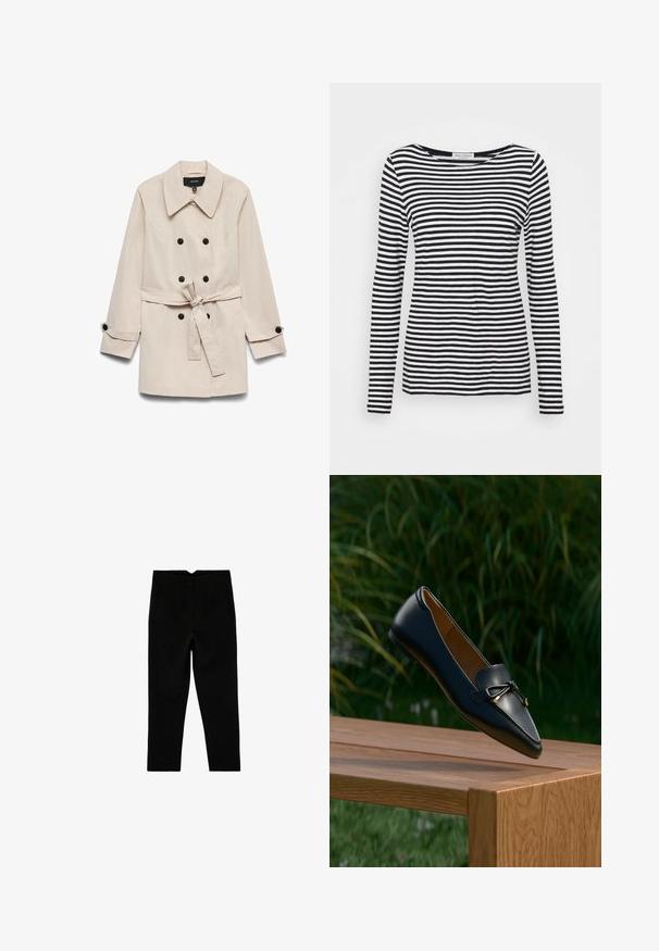 Beige dobbeltradet trenchcoat med sorte knapper, et bundet taljebælte, bred krave og knaplukninger ved ærmerne.; Langærmet T-shirt med rund hals, prydet med et sort-hvidt stribet mønster. Fremstillet af blødt stof med regular fit. Renset, minimalistisk design.; Sorte skræddersyede ankelkorte bukser med sidelommer og let tilspidset ben, vist fladt på en hvid baggrund.; Sort læderloafer med detaljeret sløjfe, der svæver over en træbænk med grøn græs og planter i baggrunden.