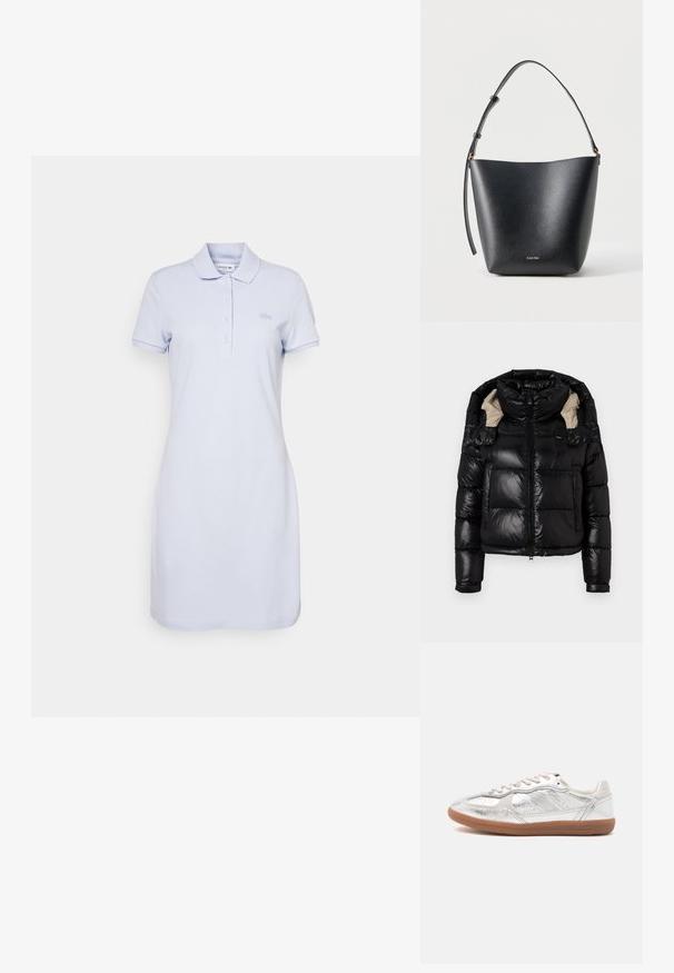 Veste en duvet noire avec une finition brillante, col montant et doublure beige. Comprend une fermeture éclair, deux poches avant et des poignets ajustables.; Robe polo bleu clair en coton. Présente un col classique, trois boutons et un logo brodé sur la poitrine. Manches courtes, coupe droite.; Baskets basses avec dessus argent métallisé, lacets beige et semelle en gomme sur un fond clair uni.; Sac seau en cuir noir avec bandoulière réglable et petit logo Calvin Klein doré sur le devant.
