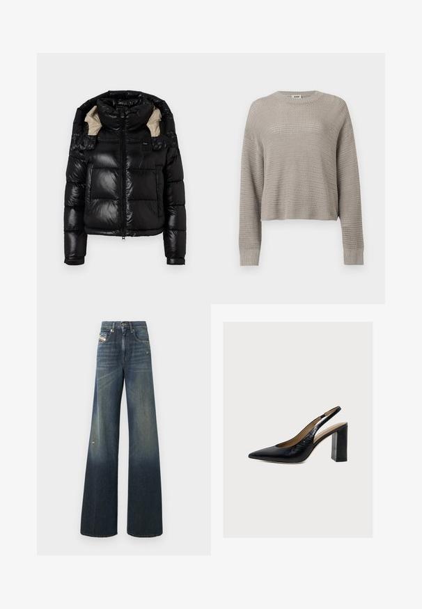 Veste en duvet noire avec une finition brillante, col montant et doublure beige. Comprend une fermeture éclair, deux poches avant et des poignets ajustables.; Pull gris clair à manches longues en maille, col rond et poignets côtelés, présentant un motif ajouré ample sur toute la surface.; Jean en denim à jambes larges de couleur bleu foncé avec une finition délavée, présentant un genou usé et un design classique à cinq poches avec une étiquette.; Chaussure slingback en cuir noir pour femme, avec bout pointu et talon haut bloc sur un fond clair.