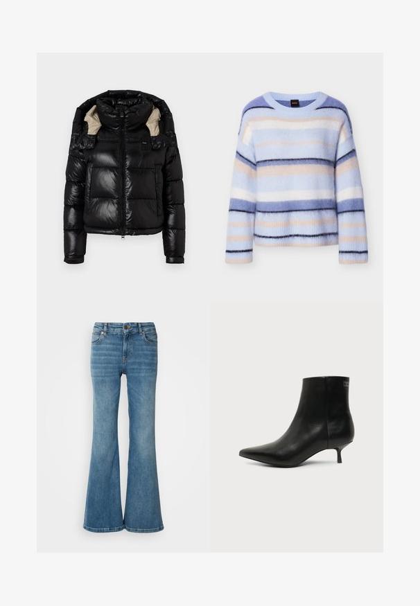 Veste en duvet noire avec une finition brillante, col montant et doublure beige. Comprend une fermeture éclair, deux poches avant et des poignets ajustables.; Pull rayé en bleu clair, rose pâle et bleu marine. Texture douce et moelleuse avec un col rond et des poignets côtelés. Léger et coupe décontractée.; Jean évasé bleu clair en denim, doté de cinq poches, de coutures visibles, et d'une fermeture à bouton et à zip à la taille.; Bottine en cuir noir avec bout pointu et petit talon kitten sur fond clair, vue côté extérieur.