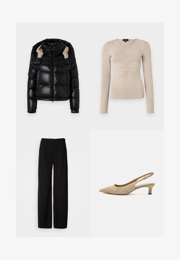 Veste en duvet noire avec une finition brillante, col montant et doublure beige. Comprend une fermeture éclair, deux poches avant et des poignets ajustables.; Haut à manches longues et col en V en tissu beige clair. Détails froncés au centre avant. Texture douce et lisse.; Pantalons large en noir avec un tissu tissé lisse ; dotés d'une fermeture à bouton et d'un design plissé pour une silhouette structurée.; Chaussure slingback en daim beige à bout pointu, petit talon kitten et boucle dorée sur la bride ajustable à la cheville.