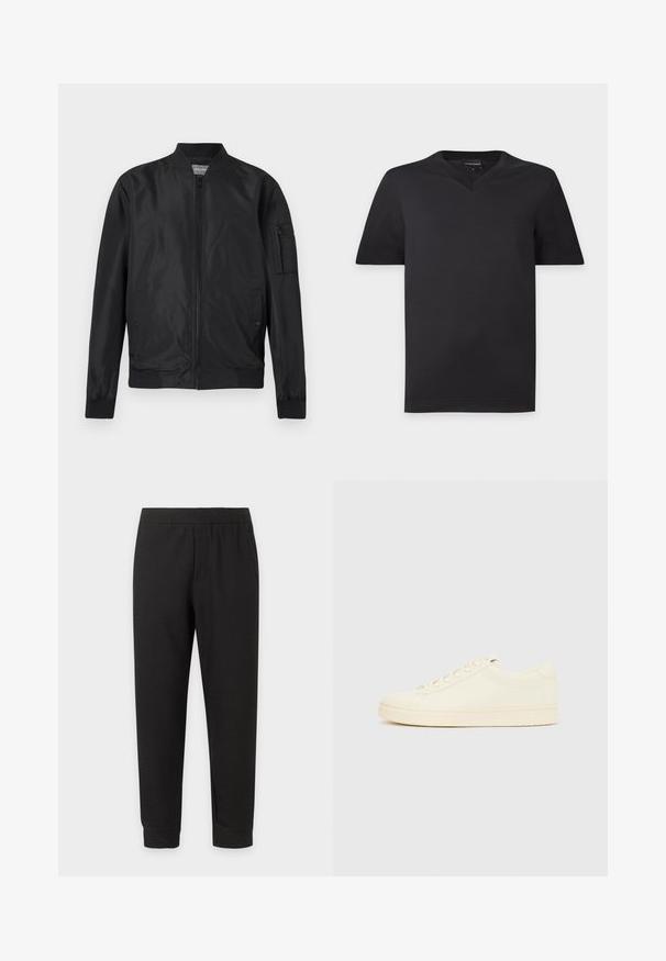 Blouson bomber noir avec fermeture éclair frontale, col et poignets côtelés, deux poches avant à pression et une poche zippée sur la manche gauche.; T-shirt noir homme à manches courtes avec col en V et un logo subtil sur la poitrine, sur un fond uni clair.; Pantalon décontracté noir à taille élastique avec jambes effilées et ourlets revers sur fond blanc.; Baskets couleur crème avec une tige en cuir lisse, bout arrondi, laçage à l'avant et semelle en caoutchouc texturée. Design minimaliste, sans logo.