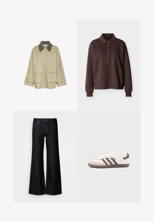 Beige Jacke mit einem braunen Cordkragen, zwei Vorderaschen und Druckknopf-Akzenten. Sie hat einen geraden Schnitt und lange Ärmel.; Braunes Langarm-Poloshirt mit vier Knöpfen, gerippten Bündchen und einem gerippten Saum vor einem schlichten weißen Hintergrund.; Dunkelblaue Jeans mit weitem Bein, hoher Taille, fünf Taschen und kontrastierenden gelben Nähten entlang der Nähte.; Weißer Adidas Samba Sneaker mit braunen Wildlederstreifen, brauner Gummisohle und beiger Wildlederkappe, von der Außenseite auf schlichtem Hintergrund gezeigt.