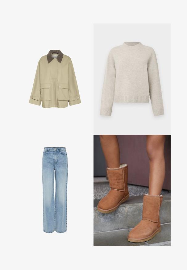 Beige jas met een bruinCorduroy kraag, twee voorzakken en drukknoopaccenten. Heeft een rechte snit en lange mouwen.; Lichtgrijze, chunky gebreide trui met een ronde halslijn, verlaagde schouders en geribde boorden en zoom. Zachte textuur, casual pasvorm.; Lichtblauwe wijd-benige jeans van denim. Voorzien van een hoge taille, vijf-pocket styling en subtiele vervaging voor textuur. Klassieke knoop- en ritssluiting.; Bruine suède enkellaarsjes met een ronde neus, zachte voering en een rubberen zool, met zichtbaar stiksel langs de naden.