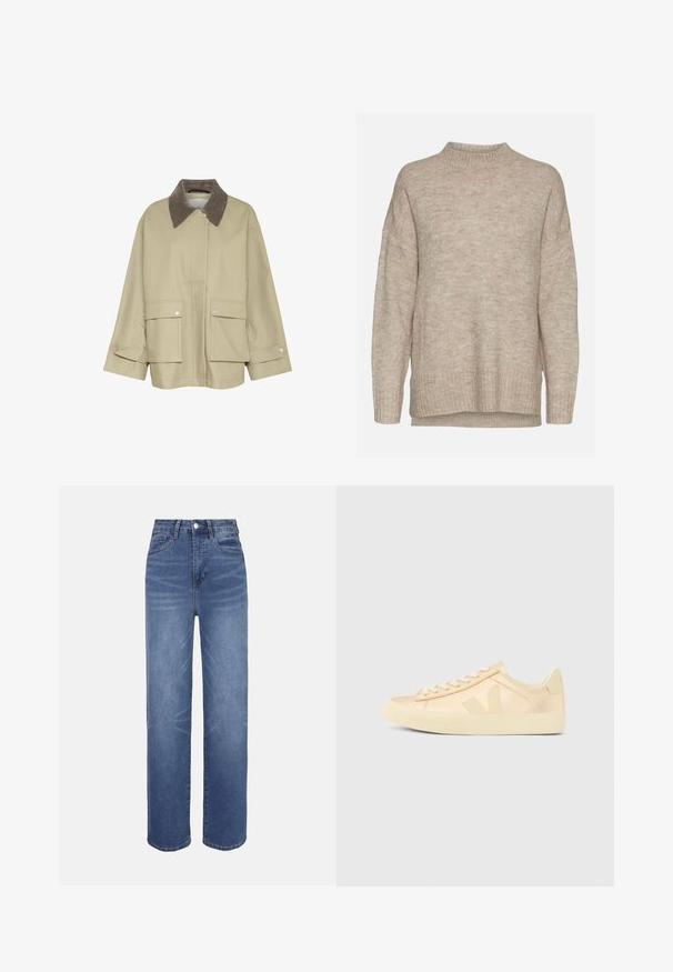 Beige Jacke mit einem braunen Cordkragen, zwei Vorderaschen und Druckknopf-Akzenten. Sie hat einen geraden Schnitt und lange Ärmel.; Beiger gestrickter Langarmpullover mit hohem rundem Ausschnitt und gerippten Bündchen und Saum.; Hellblaue Jeans aus Denim mit hohem Bund, geradem Bein, Fünf-Taschen-Design und dezenten Verwaschungseffekten im Stoff.; Beiger Sneaker mit flachem Schaft, Schnürsenkeln, Gummisohle und einem "V"-Logo an der Seite, im rechten Seitenprofil vor einfarbigem Hintergrund gezeigt.