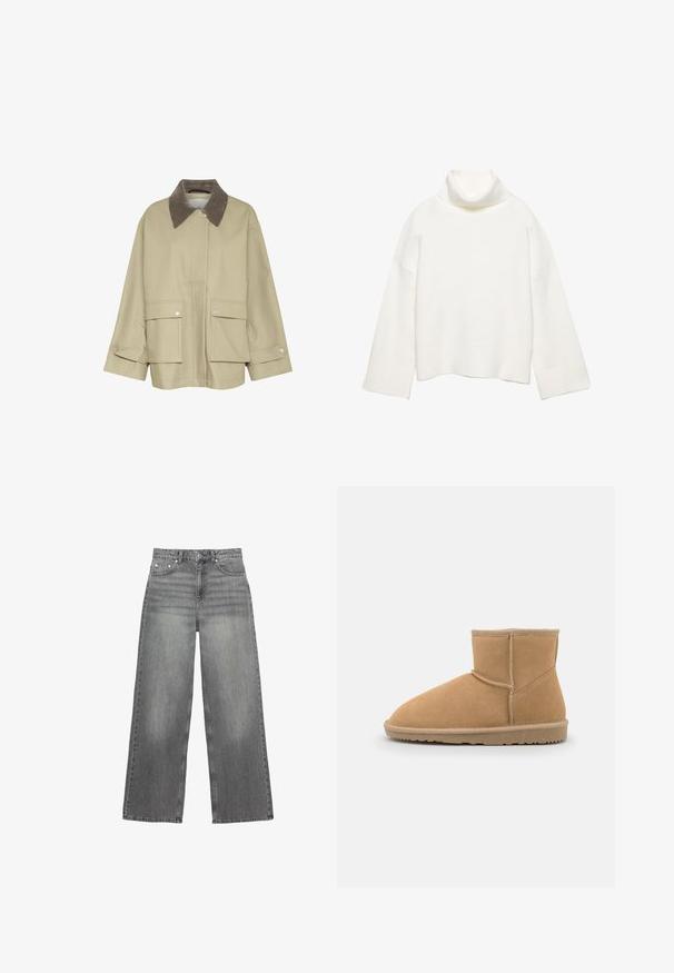 Beige takki ruskealla corduroy-pellavakauluksella, kaksi etutaskua ja nepparikoristeet. Ominaisuuksia ovat suora leikkaus ja pitkät hihat.; Valkoinen pooloneule pehmeästä kankaasta, jossa on rento istuvuus, lasketut olkapäät sekä leveät ribbineulotut hihansuut ja helma.; Harmaat leveät farkut, jotka on valmistettu denimestä, keski-korkea vyötärö, viisi taskua ja hienovaraisia haalistumia lahkeissa.; Vaaleanruskeat mokkasiinimaiset nilkkurit, joissa on pyöristetty kärki ja pehmustettu kaulus. Kengissä on kontrastiväriset ompeleet ja teksturoitu kumipohja.