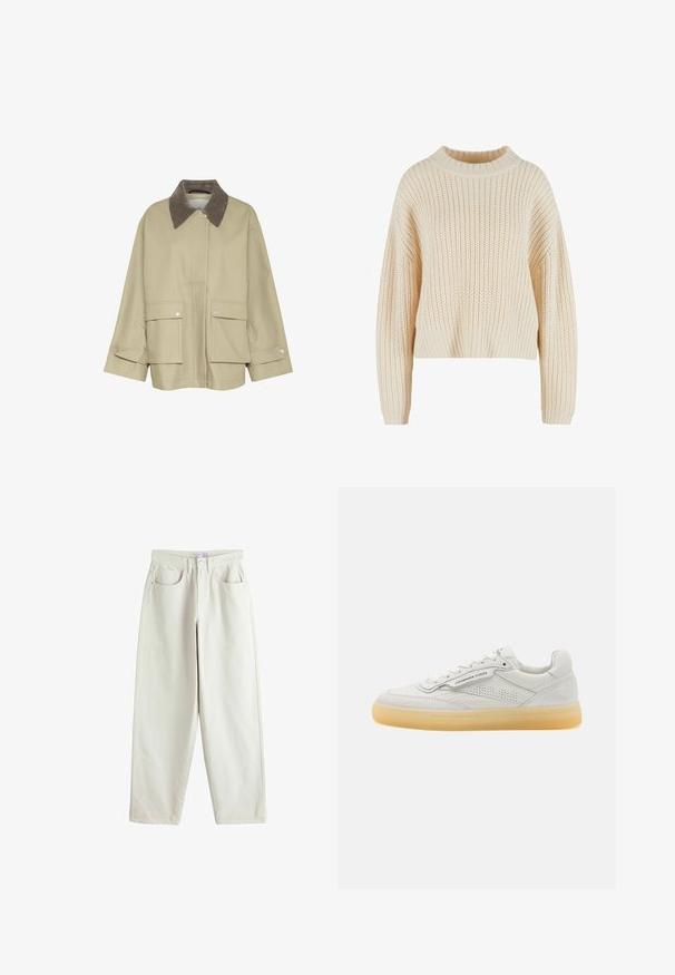 Beige jas met een bruinCorduroy kraag, twee voorzakken en drukknoopaccenten. Heeft een rechte snit en lange mouwen.; Crèmekleurige gebreide trui met een hoge geribde kraag, brede mouwen en een textuurpatroon over het gehele kledingstuk. Verkorte stijl met een geribde zoom.; Crèmekleurige rechte jeans met hoge taille, voorzakken, riemlussen en een sluiting met knoop en rits.; Witte leren sneaker met geperforeerde accenten, ronde neus en een crèmekleurige rubberen zool. Bevat tonale stiksels en een minimalistisch ontwerp.