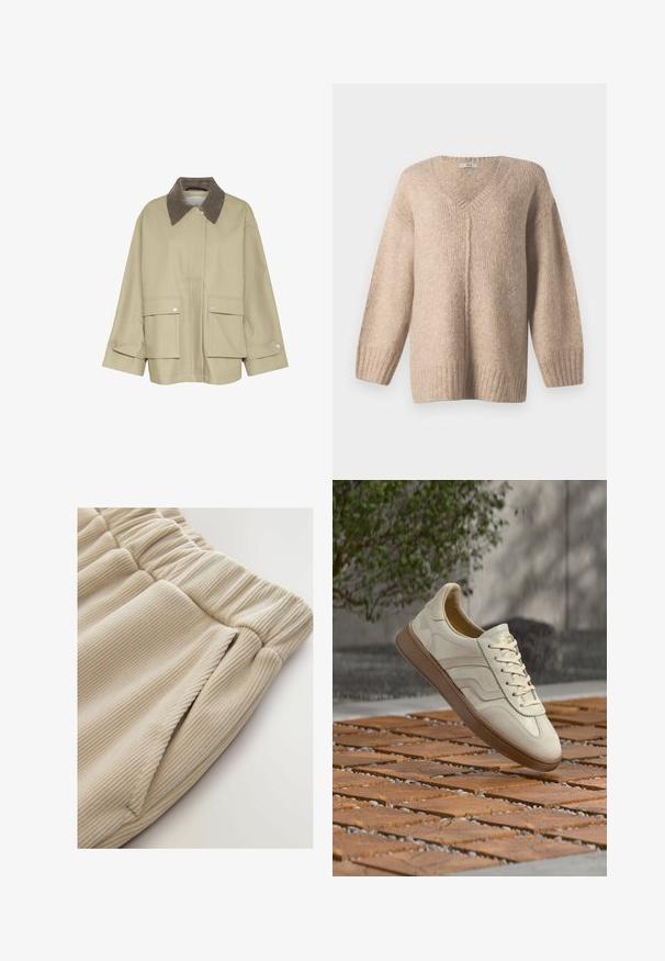 Beige takki ruskealla corduroy-pellavakauluksella, kaksi etutaskua ja nepparikoristeet. Ominaisuuksia ovat suora leikkaus ja pitkät hihat.; Beige neulepaita, jossa on V-pääntie, roikkuvat hihat ja ribbaushelmassa. Pehmeä rakenne, rento istuvuus ja hienovarainen kirjava kuvio koko matkalla.; Beige ribbad kangasta valmistatud jooksupüksid, millel on kokku tõmmatav vöökoht ja küljetaskud, esitledes pehmet tekstuuri ja juhuslikku disaini.; Kermanvärinen tennari, jossa on teksturoitu beige kumipohja, nauhoitettu malli ja hillitty sivumerkintä. Sileä nahkainen päällinen.