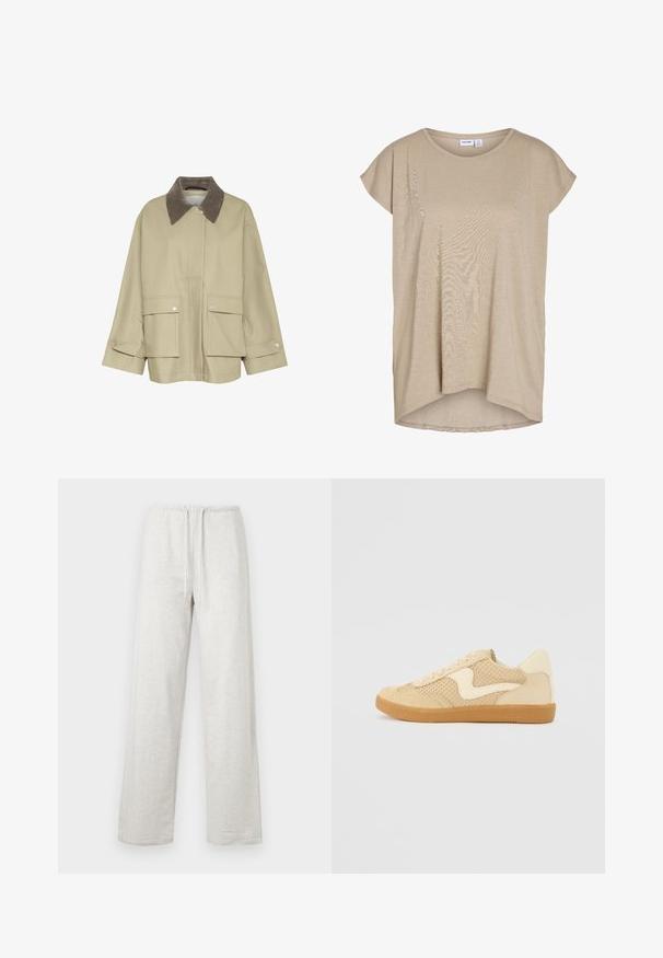 Beige jas met een bruinCorduroy kraag, twee voorzakken en drukknoopaccenten. Heeft een rechte snit en lange mouwen.; Beige, loszittend gebreid topje met korte mouwen, ronde hals en iets langere achterkant.; Lichtgrijze joggingbroek met een elastische tailleband en trekkoord, rechte pijp pasvorm, plat neergelegd tegen een witte achtergrond.; Beige sneaker van suede en mesh materialen, ronde vorm, opvallende gepolsterde kraag en een gumrubberen zool. Kenmerkt zich door een golvend ontwerp accent.