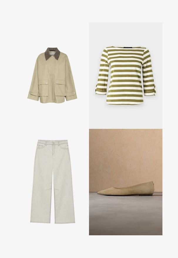Beige jas met een bruinCorduroy kraag, twee voorzakken en drukknoopaccenten. Heeft een rechte snit en lange mouwen.; Gestreept shirt in olijfgroen en wit, met driekwart mouwen met oprolriempjes en een boothals. Gladde, zachte stoftextuur.; Lichtgrijze wijde broek met vijf zakken, sluiting met een knoop aan de voorkant en contrasterende stiksels langs de naden. De stof lijkt zacht en duurzaam te zijn.; Beige platte schoen met puntige neus en zwarte zool, zwevend boven een gestructureerd beige tapijt, met een beige beklede bank op de achtergrond.