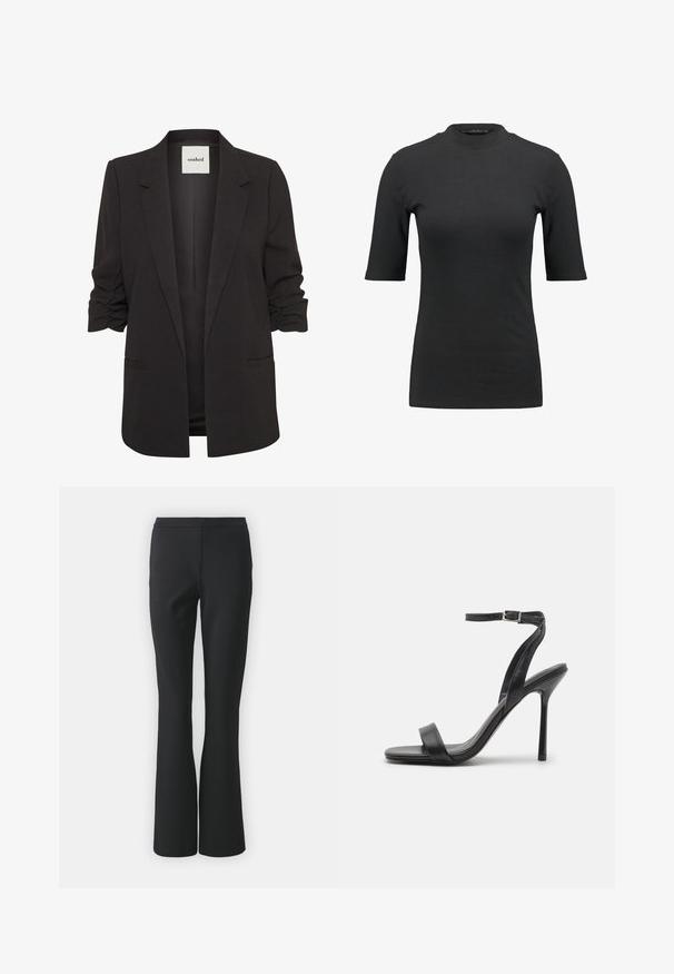 Sort åben-front blazer med rynkede trekvartærmer, notch revers og to forlommer med paspoler, mærket "soaked" indeni kraven.; Sort ribbet t-shirt med høj hals og korte ærmer. Glat, tætsiddende design uden mønstre eller synlige hardwaredetaljer.; Sorte flagrende bukser lavet af glat stof; har en flad front uden lommer og en skræddersyet pasform, der smalner ind mod kanten.; Sort højhælet sandal med en slank ankelrem og to forreste bånd. Lavet af glat læder med en slank spids tå og stilettohæl.