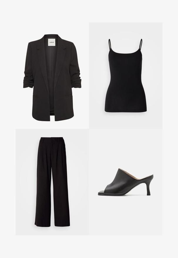 Sort åben-front blazer med rynkede trekvartærmer, notch revers og to forlommer med paspoler, mærket "soaked" indeni kraven.; Sort camisole-top med tynde justerbare stropper, glat elastisk stof og en tæt silhuet. Ingen mønstre eller pynt.; Sorte bukser med vid benvidde lavet af glat stof, med folder foran, en tætsiddende talje og uden synlige mønstre eller detaljer.; Selected ASHLEY - Mules med hæl - black