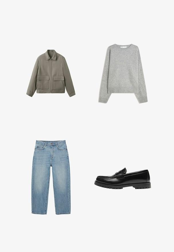 Veste zippée marron clair avec col pointu et deux grandes poches à rabat sur le devant, sur fond blanc.; Pull en tricot gris avec un col rond, des poignets et un ourlet côtelés, offrant une coupe décontractée et une texture douce.; Jean en denim bleu clair à jambes droites avec bouton à l'avant, fermeture éclair et design à cinq poches sur fond blanc.; Mocassin en cuir noir avec une semelle en caoutchouc épaisse et un détail classique de bride à monnaie, vu de côté extérieur.