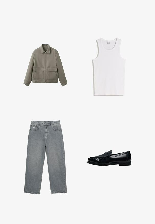 Veste zippée marron clair avec col pointu et deux grandes poches à rabat sur le devant, sur fond blanc.; Débardeur blanc en coton avec un col rond et de larges bretelles. Texture lisse, sans motifs ni accents, design simple.; Pantalon en denim gris clair avec coupe droite, cinq poches et braguette à boutons. Présente un logo discret sur la ceinture avant.; Mocassin penny loafer pour homme en cuir noir avec bout moc cousu et petit talon, présenté de profil sur fond blanc.