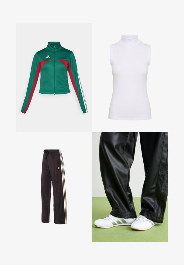 adidas Sportswear TIRO - Træningsjakke - dark green/collegiate burgundy/white; Hvid ærmeløs turtleneck top i ribbet stof, med en tætsiddende design og glat tekstur, høj krave og ingen synlig hardware.; Sorte sportsbukser lavet af blødt materiale, med hvide og gule lodrette striber på siderne og en snøre i taljen.; Sorte faux leather bukser med en løs pasform, der har en glat overflade og sidelister. Sammen med hvide sneakers med sølvdetaljer.