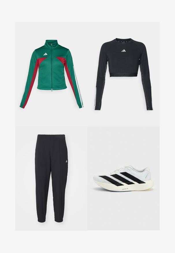 adidas Sportswear TIRO - Træningsjakke - dark green/collegiate burgundy/white; Sort cropped træningstop med lange ærmer lavet af glat stof. Har et hvidt logo på brystet og stribede detaljer på ærmerne.; Sorte træningsbukser lavet af et glat stof. Taperet design med elastiske manchetter. Har et lille hvidt logo på venstre hofte.; Hvid løbesko med sort tre-stribet design på siden og tyk hvid sål mærket "Lightstrike Pro" på ensfarvet baggrund.