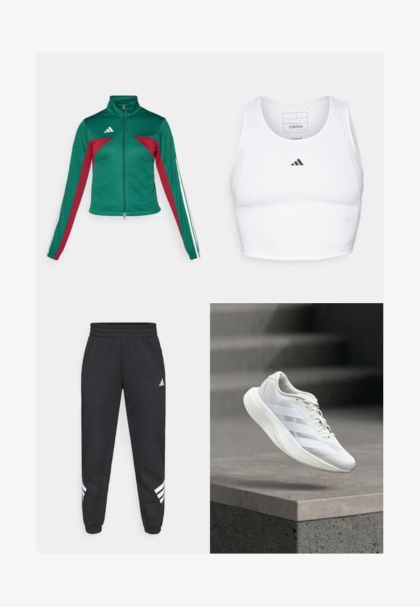 adidas Sportswear TIRO - Tréningová bunda - dark green/collegiate burgundy/white; Biely športový crop top vyrobený z ľahkej, priedušnej tkaniny. Obsahuje sieťované bočné panely a čierne vyšitý logo na hrudi.; Čierne tepláky s elastickým pásom, zúženými nohavicami a bielym trojprúžkovým dizajnom po stranách. Vyrobené z mäkkej tkaniny.; Biela športová obuv s textúrovaným zvrškom, tromi bočnými pruhmi, odpruženou podrážkou a zaoblenou špičkou, umiestnená nad betónovým povrchom.