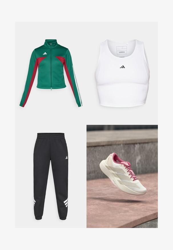 adidas Sportswear TIRO - Træningsjakke - dark green/collegiate burgundy/white; Hvid atletisk crop top lavet af letvægts, åndbart stof. Har mesh-sider og sort broderet logo på brystet.; Sorte sweatpants med elastisk talje, tapered ben og hvidt tre-stribedesign på siderne. Lavet af blødt stof.; Lys beige og lyserød løbesko med polstret sål, lyserøde snører og tre beige striber svævende over en stenet overflade.