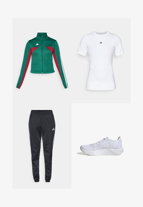 adidas Sportswear TIRO - Tréningová bunda - dark green/collegiate burgundy/white; Biela športová tričko s krátkymi rukávmi, vyrobené z hladkej, elastickej tkaniny. Obsahuje malé čierne logo Adidas na hrudi.; Čierne športové nohavice s elastickým pásom, zúženými nohavicami a bielymi bočnými pruhmi. Na ľavom stehne je malé šedé logo trefoil.; Biele atletické topánky s priedušným sieťovým zvrškom, šnurovací dizajn, polstrovaný golier a textúrovaná gumová podrážka pre trakciu.
