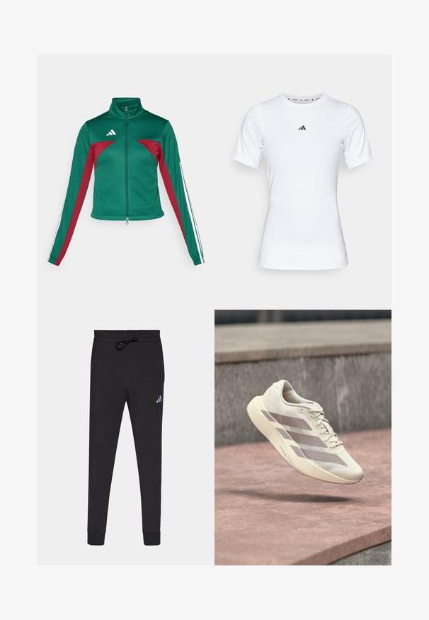 adidas Sportswear TIRO - Tréningová bunda - dark green/collegiate burgundy/white; Biela športová tričko s krátkymi rukávmi, vyrobené z hladkej, elastickej tkaniny. Obsahuje malé čierne logo Adidas na hrudi.; Čierne športové nohavice vyrobené z mäkkej tkaniny, s nastaviteľným pásom, zúženými nohavicami a malým bielym logom Adidas na ľavom stehne.; Behajúca topánka krémovej farby s taupe pruhmi vznášajúca sa nad povrchom z červenohnedých dlaždíc a sivým kamenným pozadím.