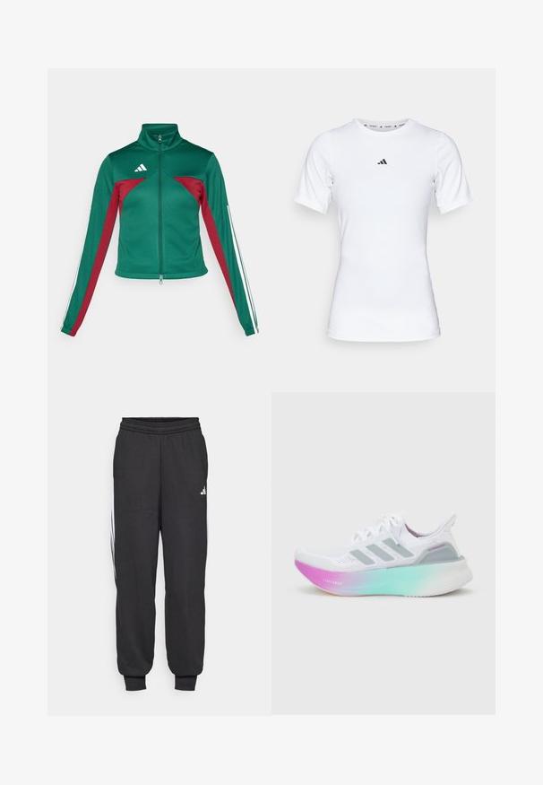 adidas Sportswear TIRO - Tréningová bunda - dark green/collegiate burgundy/white; Biela športová tričko s krátkymi rukávmi, vyrobené z hladkej, elastickej tkaniny. Obsahuje malé čierne logo Adidas na hrudi.; Čierne športové nohavice s elastickým pásom, zúženými členkami a bielymi bočnými pruhmi. Vyrobené z jemnej látky s hladkým povrchom.; Biela bežecká topánka Adidas so svetlomodrou a ružovou gradientnou podrážkou, tromi sivými bočnými pásikmi a pleteným zvrškom so šnúrkami.
