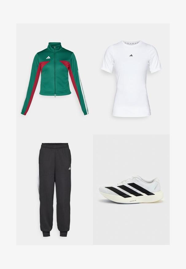 adidas Sportswear TIRO - Tréningová bunda - dark green/collegiate burgundy/white; Biela športová tričko s krátkymi rukávmi, vyrobené z hladkej, elastickej tkaniny. Obsahuje malé čierne logo Adidas na hrudi.; Čierne športové nohavice s elastickým pásom, zúženými členkami a bielymi bočnými pruhmi. Vyrobené z jemnej látky s hladkým povrchom.; Biela bežecká topánka s čiernym dizajnom so tromi pruhmi na boku a hrubou bielou podrážkou označenou "Lightstrike Pro" na jednofarebnom pozadí.
