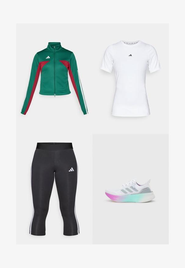 adidas Sportswear TIRO - Chaqueta de entrenamiento - dark green/collegiate burgundy/white; Camiseta deportiva blanca de manga corta, hecha de una tela suave y elástica. Presenta un pequeño logo negro de Adidas en el pecho.; Leggings capri negros con una cinturilla ancha, que cuentan con franjas laterales blancas y un logo de Adidas en blanco en el muslo izquierdo. Textura suave.; Zapatilla de running blanca de Adidas con rayas grises y una suela gruesa que cambia de color de rosa a verde, con texto "Lightboost" y "Ultraboost".
