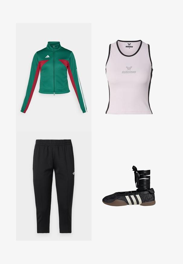 adidas Sportswear TIRO - Tréningová bunda - dark green/collegiate burgundy/white; Biely rebrovaný krátky top bez rukávov s čiernym lemom a sivým logom "felicious" na prednej strane a vo vnútri výstrihu.; Čierne zúžené teplákové nohavice s elastickým pásom a bielym logom Adidas na hornej ľavej stehne.; Čierna baletná balerína s kvetinovým vzorom, biely dizajn s tromi pruhmi a textilným zapínaním okolo členka. Štruktúrovaný materiál a ohybná hnedá podrážka.