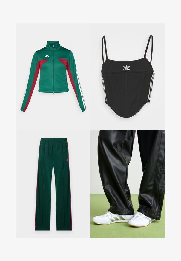 adidas Sportswear TIRO - Μπουφάν προπόνησης - dark green/collegiate burgundy/white; Μαύρο ριγέ cropped μπλουζάκι με ρυθμιζόμενες λεπτές τιράντες, διαθέτοντας τρεις λευκές ρίγες στα πλάγια και ένα μικρό λευκό λογότυπο Adidas στο κέντρο.; Σκούρο πράσινο παντελόνι φόρμας με ροζ λωρίδες στα πλάγια, τσέπες με φερμουάρ, ελαστική μέση και μικρό ροζ λογότυπο Adidas στη δεξιά πλευρά.; Μαύρο παντελόνι από συνθετικό δέρμα με χαλαρή εφαρμογή, με λειαλή υφή και ρίγες στο πλάι. Συνδυάζεται με λευκά sneakers με ασημί λεπτομέρειες.