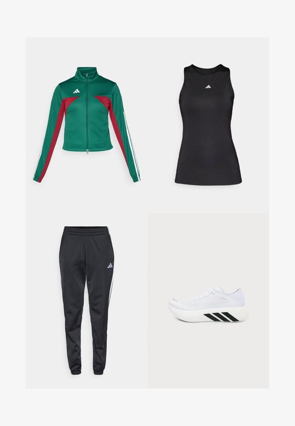 adidas Sportswear TIRO - Træningsjakke - dark green/collegiate burgundy/white; Sort ærmeløs atletisk top lavet af glat stof. Har en rund halsudskæring og et lille hvidt Adidas-logo på brystet.; Sorte træningsbukser med elastisk talje, smalle ben og hvide sidelister. Har et lille gråt trefoil-logo på venstre lår.; Hvid atletiksko med tyk sål, sorte diagonale striber på mellemsålen, mesh overdel og snørebånd, vist fra siden mod en ensfarvet baggrund.