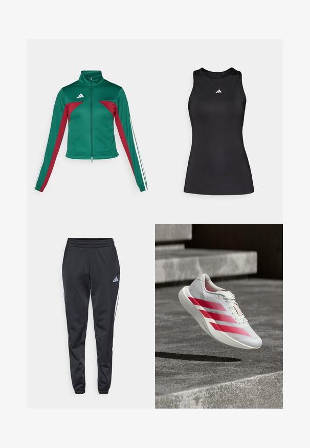 adidas Sportswear TIRO - Tréningová bunda - dark green/collegiate burgundy/white; Čierny bezrúškový športový top z hladkej látky. Disponuje okrúhlym výstrihom a malým bielym logom Adidas na hrudi.; Čierne športové nohavice s elastickým pásom, zúženými nohavicami a bielymi bočnými pruhmi. Na ľavom stehne je malé šedé logo trefoil.; Biela bežecká obuv s tromi výraznými červenými pruhmi, vo vzduchu nad betónovými schodmi, zdôrazňujúca ľahký dizajn a textúrovanú podrážku.
