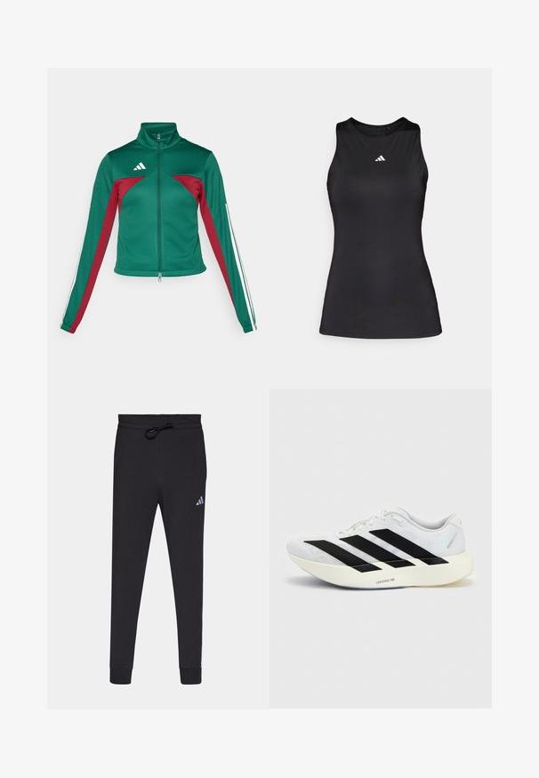 adidas Sportswear TIRO - Tréningová bunda - dark green/collegiate burgundy/white; Čierny bezrúškový športový top z hladkej látky. Disponuje okrúhlym výstrihom a malým bielym logom Adidas na hrudi.; Čierne športové nohavice vyrobené z mäkkej tkaniny, s nastaviteľným pásom, zúženými nohavicami a malým bielym logom Adidas na ľavom stehne.; Biela bežecká topánka s čiernym dizajnom so tromi pruhmi na boku a hrubou bielou podrážkou označenou "Lightstrike Pro" na jednofarebnom pozadí.