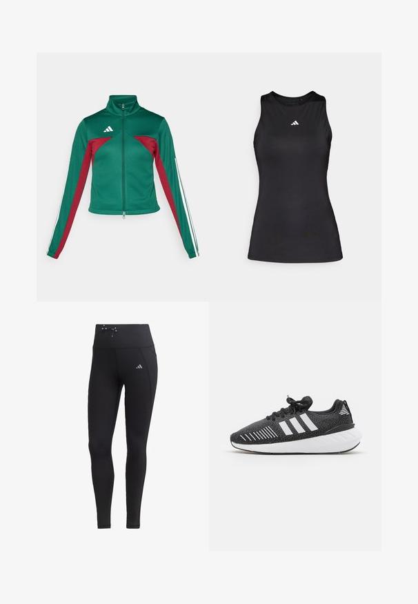 adidas Sportswear TIRO - Tréningová bunda - dark green/collegiate burgundy/white; Čierny bezrúškový športový top z hladkej látky. Disponuje okrúhlym výstrihom a malým bielym logom Adidas na hrudi.; Čierne legíny s vysokým pásom, detailom na šnúrku a bočnými vreckami. Vyrobené z hladkej tkaniny s reflexným logom.; Čierne športové topánky s textúrovaným zvrškom, bielym trojprúžkovým dizajnom, gumovou podrážkou a kontrastnými bielymi akcentmi na päte.